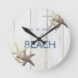 Reloj Redondo Mediano Textura De Madera Adorable, Starfish, Beach  