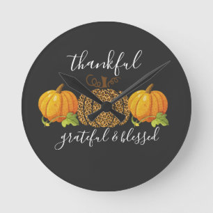 Reloj Redondo Mediano Thankful Grateful Blessed Thanksgiving Pumpkin 