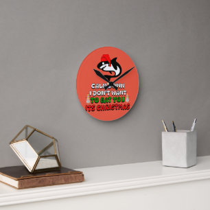 Reloj Redondo Mediano tiburón de navidades graciosos lindo