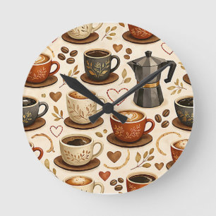 Reloj Redondo Mediano Tiempo de Café Acogedor - Patrón Continuo Estético