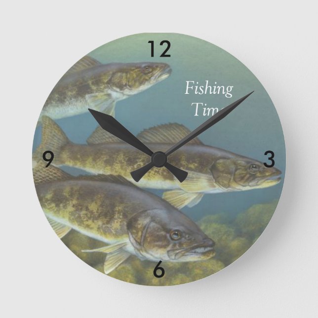Reloj Redondo Mediano "Tiempo de pesca" con pintura de Walleye Pike (Anverso)
