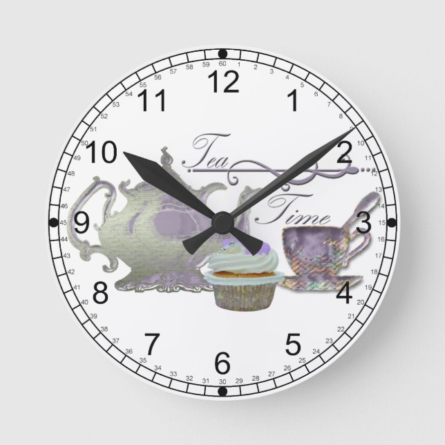 Reloj Redondo Mediano ¡Tiempo del té! Tetera de la lila, taza de té y (Anverso)