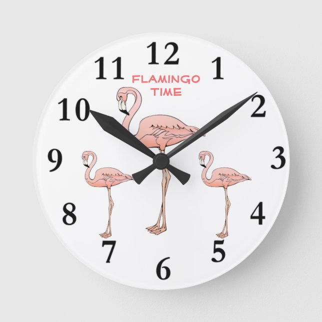 Reloj Redondo Mediano TIEMPO FLAMINGO, 3 Aves Flamingo Rosadas (Anverso)