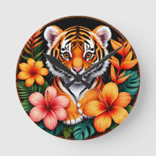 Reloj Redondo Mediano Tigre rodeado de flores tropicales