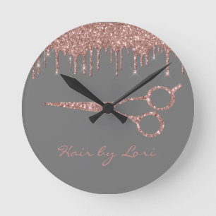Reloj Redondo Mediano Tijeras de brillo de gotas doradas rosa de estilis