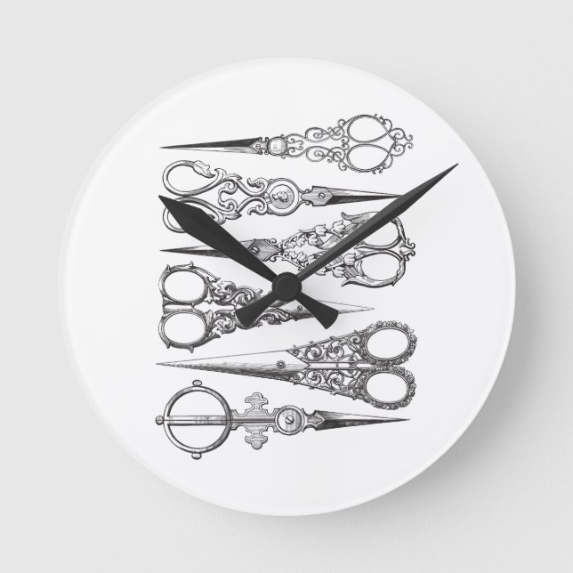 Reloj Redondo Mediano Tijeras de época elegante decoración en blanco neg (Anverso)