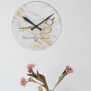 Reloj Redondo Mediano Tijeras de mármol dorado para peluquero personaliz