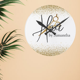 Reloj Redondo Mediano Tijeras Personalizadas de Oro para Peluquero