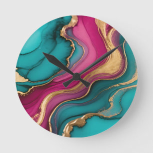 Reloj Redondo Mediano Tinta de alcohol abstracta vibrante azul verdoso m