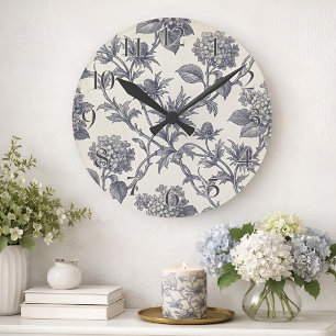 Reloj Redondo Mediano Toile Botánico   Hortensia y Holco Marino