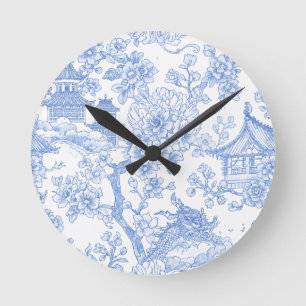 Reloj Redondo Mediano Toile de Chinoiserie Azul Dragón Flor de Cerezo