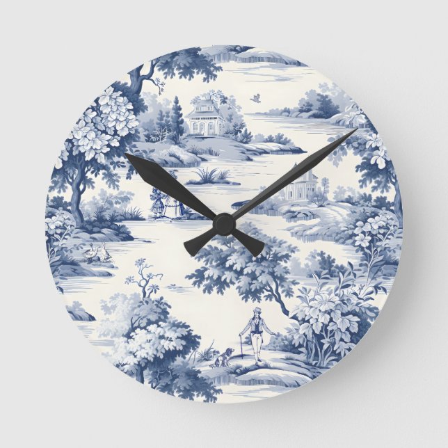 Reloj Redondo Mediano Toile de jouy, azul y blanco, porcelana, (Anverso)