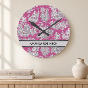 Reloj Redondo Mediano Toile de Jouy monograma floral rosa magenta vintag