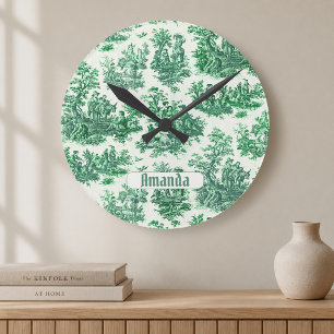 Reloj Redondo Mediano Toile jouy monograma floral verde vintage