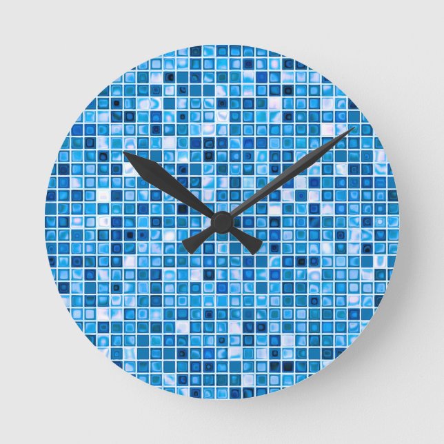 Reloj Redondo Mediano Tonos De Baldosas Azules "Aguas" Mosaicas (Anverso)