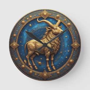 Reloj Redondo Mediano Toro Tauro Dorado en Círculo Zodiacal Cósmico