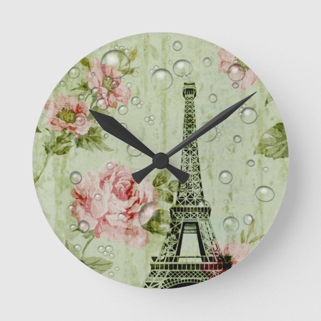Reloj Redondo Mediano torre Eiffel floral de París del rosa elegante de (Anverso)