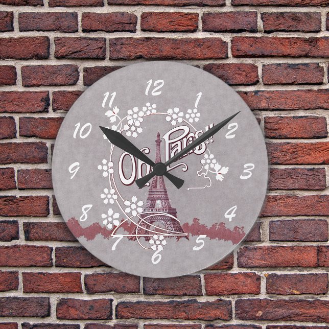 Reloj Redondo Mediano Torre Eiffel Vintage Oh París Francia Daisy (Eiffel Tower with Oh Paris text and daisy flowers on grey wall clock.)