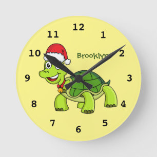 Reloj Redondo Mediano Tortuga alegre lindo con sombrero de Santa
