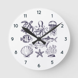 Reloj Redondo Mediano Tortuga de playa de verano Pescado Octopus de tibu
