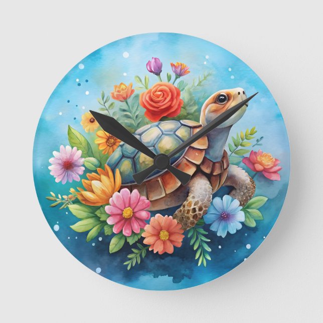 Reloj Redondo Mediano Tortuga floral (Anverso)