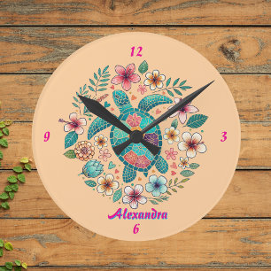 Reloj Redondo Mediano Tortuga Marina Floral Boho Escuela Oficina Nombre 