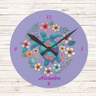 Reloj Redondo Mediano Tortuga Marina Floral Boho Escuela Oficina Nombre