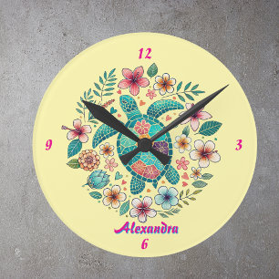 Reloj Redondo Mediano Tortuga Marina Floral Boho Escuela Oficina Nombre