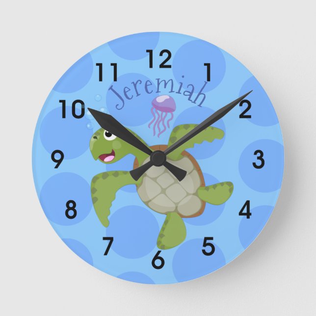 Reloj Redondo Mediano Tortuga marina verde suave feliz ilustracion perso (Anverso)
