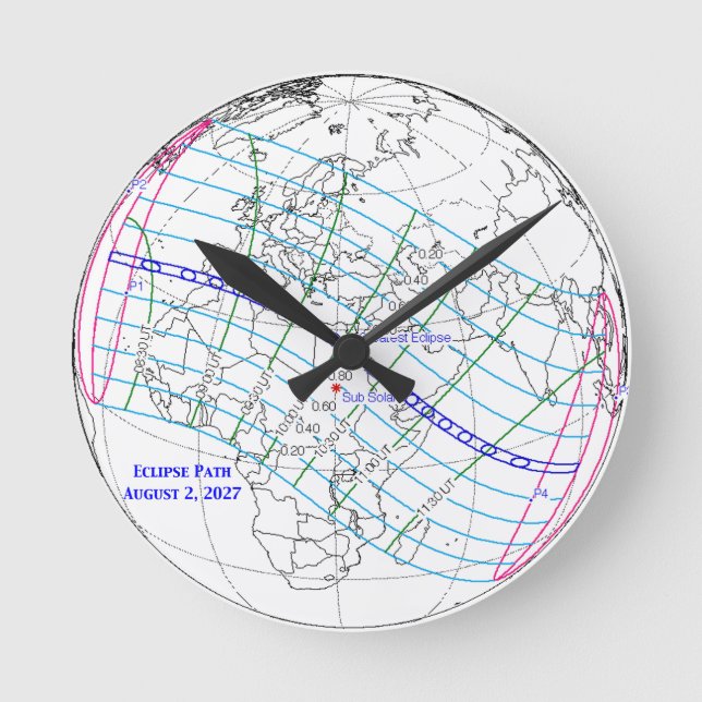 Reloj Redondo Mediano Total Solar Eclipse 2027 Map (Anverso)
