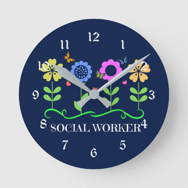 Reloj Redondo Mediano Trabajador social... Flores, corazones y mariposas (Anverso)