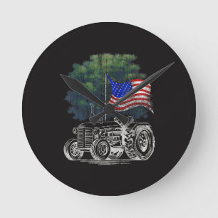 Reloj Redondo Mediano Tractor agrícola vintage bandera americana patriót