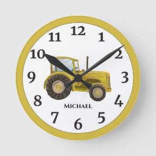 Reloj Redondo Mediano Tractor de la granja Vintage de color de agua amar