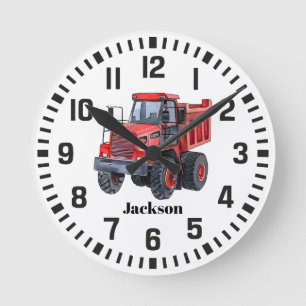 Reloj Redondo Mediano Tractor rojo de nombre personalizado de Guay
