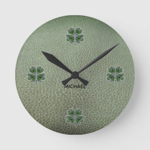 Reloj Redondo Mediano Trébol Shamrock Cuero Verde Día de San Patricio 