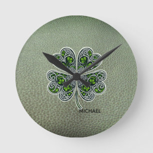Reloj Redondo Mediano Trébol Shamrock Cuero Verde Día de San Patricio 