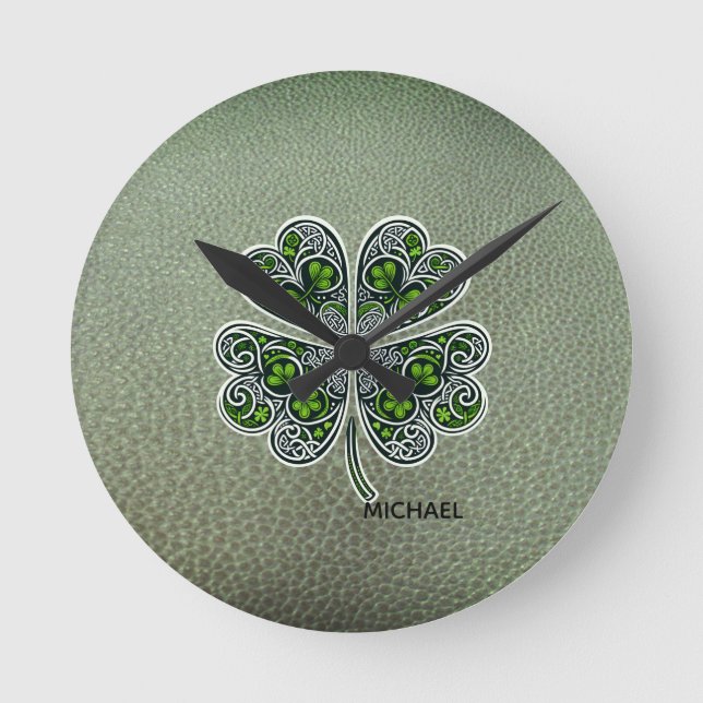 Reloj Redondo Mediano Trébol Shamrock Cuero Verde Día de San Patricio  (Anverso)