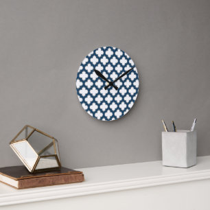 Reloj Redondo Mediano Trellis azul blanco y naval, Entramado, Quatrefoil