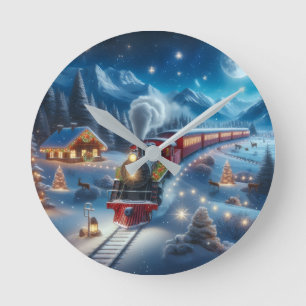 Reloj Redondo Mediano Tren de Navidad Mágico Escena Invernal Nevada