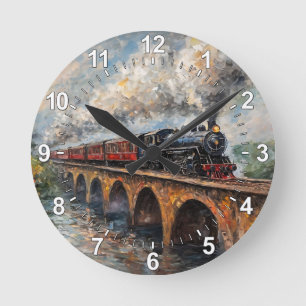 Reloj Redondo Mediano Tren de vapor en un puente - pintura al petróleo