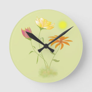 Reloj Redondo Mediano Tres flores en el sol - transparente.