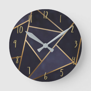 Reloj Redondo Mediano Triángulos dorados azul marino geométricos elegant