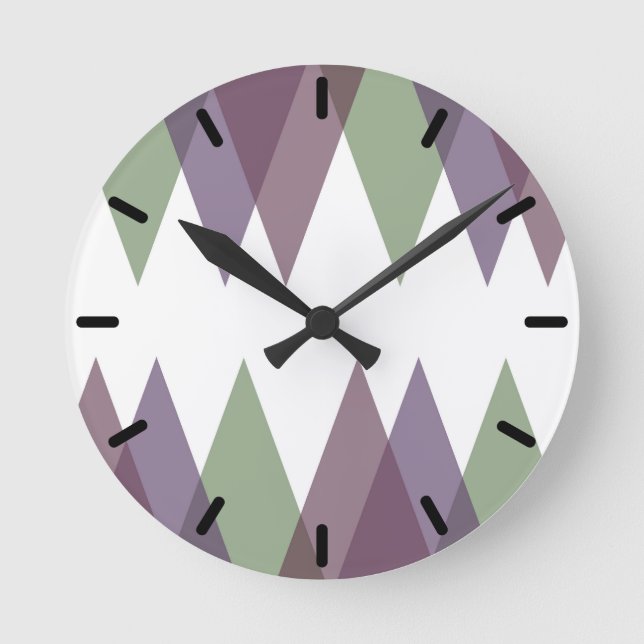Reloj Redondo Mediano Triángulos malvas y verdes (Anverso)