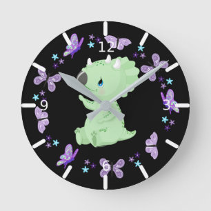 Reloj Redondo Mediano Triceratops y mariposas florales personalizadas