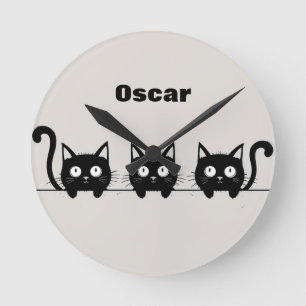 Reloj Redondo Mediano Trío Adorable de Gatos Negros