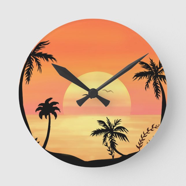 Reloj Redondo Mediano Tropical Beach Sunset Palm Tree Silhouette Art (Anverso)