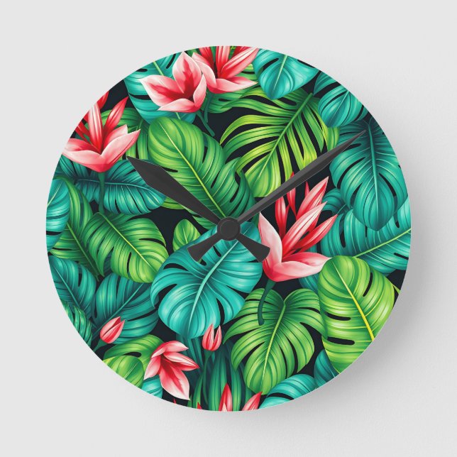 Reloj Redondo Mediano Tropical Monstera Heliconia Jungle Pattern (Anverso)