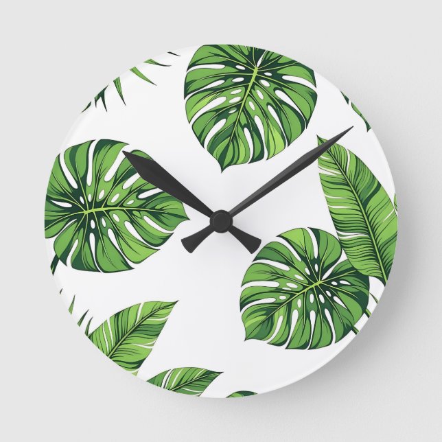 Reloj Redondo Mediano Tropical Monstera Leaves Seamless Pattern Green (Anverso)
