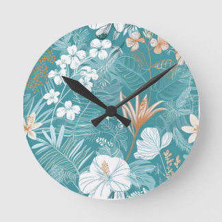 Reloj Redondo Mediano Tropical Turquesa y Terracota Floral Hibisco 