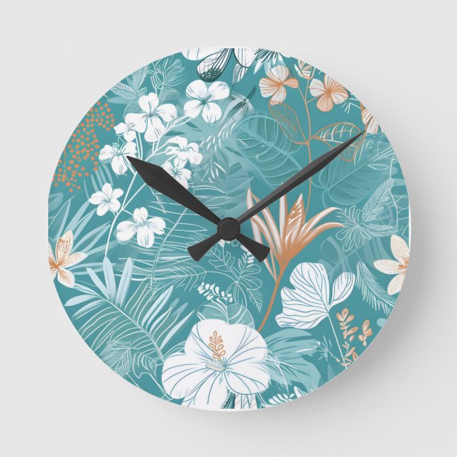 Reloj Redondo Mediano Tropical Turquoise & Terracotta Hibiscus Floral  (Anverso)